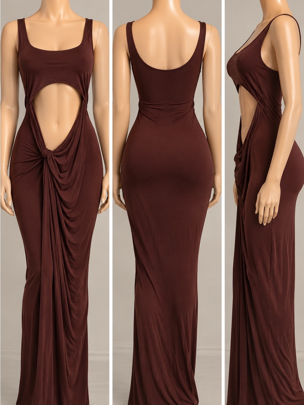 Fashion Nova Brown Sleeveless Cutout Knot-Detail Maxi Dress